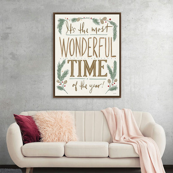 “Wonderful Time I Light” by Anne Tavoletti: Immerse your space in the joyous vibes of the holiday season with this exquisite print. The elegant typography, surrounded by delicate pine branches and holly berries, captures the essence of festive cheer. 