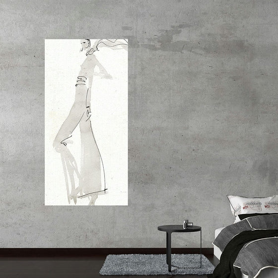 “La Fashion III Gray” by Anne Tavoletti is a captivating piece that seamlessly blends the elegance of fashion design with the raw beauty of sketch artistry. Rendered in delicate strokes, this minimalist artwork portrays an abstract, sketched figure adorned in elegant attire. 