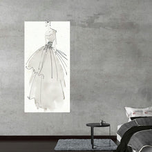   “La Fashion II Gray” by Anne Tavoletti is a mesmerizing piece that elegantly captures the essence of haute couture. The artwork, rendered in delicate strokes, portrays an ethereal gown that seems to dance on the canvas. The minimalist color palette, dominated by graceful shades of gray, accentuates the intricate details and fluid lines of the dress. 