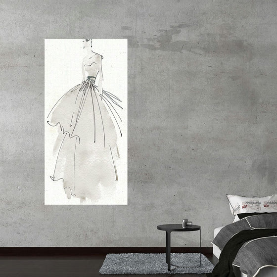  “La Fashion II Gray” by Anne Tavoletti is a mesmerizing piece that elegantly captures the essence of haute couture. The artwork, rendered in delicate strokes, portrays an ethereal gown that seems to dance on the canvas. The minimalist color palette, dominated by graceful shades of gray, accentuates the intricate details and fluid lines of the dress. 