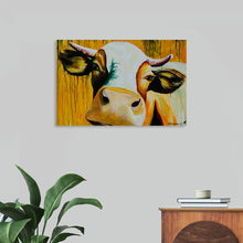  Interrupting Cow by Rachel Braybon is a playful and whimsical acrylic painting that captures the gentle nature of a curious bovine. With its expressive eyes and slightly tilted head, the cow seems to be playfully interrupting the viewer's day. The vibrant colors and loose brushstrokes add to the artwork's cheerful and energetic vibe, making it a perfect addition to any kitchen or farmhouse-style decor.