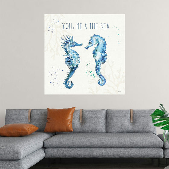 These intricately detailed seahorses, painted in vibrant shades of blue, seem to float effortlessly amidst delicate underwater flora. Above them, the evocative phrase “YOU, ME & THE SEA” whispers secrets of love and adventure. Tavoletti’s masterful brushstrokes transform this print into more than just art—it’s an immersive experience that turns any space into a tranquil marine haven.