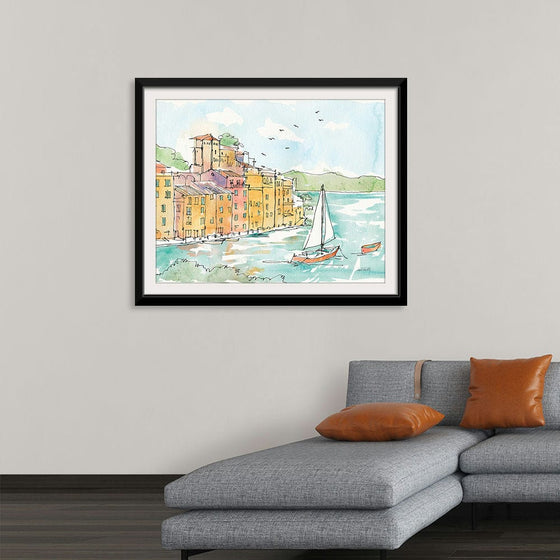 “Portofino II Crop” by Anne Tavoletti: Immerse yourself in the serene beauty of this exquisite print. Capturing the essence of Portofino, a picturesque fishing village on the Italian Riviera, Tavoletti’s vibrant watercolors bring to life pastel-colored houses adorning the harbor. Against a backdrop of azure waters and clear skies, a sailboat gracefully glides, adding whimsy and freedom to this captivating scene. 