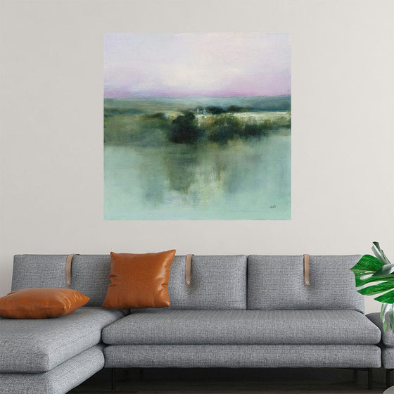 “Dusk” by Julia Purinton is a captivating piece that transports viewers into a serene twilight scene. The painting, rendered in soft and harmonious brushstrokes, captures the essence of a tranquil evening. The upper portion reveals a sky awash in delicate lavender and cream hues, subtly transitioning into deeper tones that evoke the onset of dusk. 