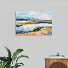  “Piece of Mind” by Jeanette Vertentes invites you into a vibrant abstract landscape where colors collide like cosmic energies. In this high-quality canvas print, marigold yellows, cerulean blues, and creamy whites dance across the surface, evoking a sense of serenity and wonder. The expressive brushstrokes create a textured terrain—a place where rivers flow, skies expand, and distant mountains whisper secrets. 