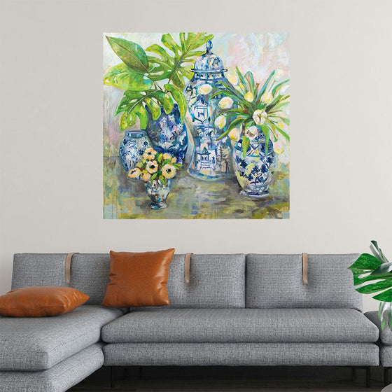 “Spring Ginger” by Jeanette Vertentes: Immerse yourself in the enchanting world of this exquisite print. Capturing the delicate dance of spring’s awakening, where vibrant green foliage intertwines with the intricate designs of classic blue and white porcelain vases. Each brushstroke reveals a symphony of color and life, making “Spring Ginger” a captivating addition to any space. 