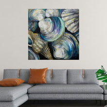  Each shell, meticulously painted, seems to dance across the canvas, evoking the rhythmic ebb and flow of the sea. The deep blues and radiant whites intertwine, creating a tranquil harmony. As a print, this piece promises to transform any space into a sanctuary of calm—a visual retreat where nature’s treasures come alive. 