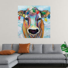  “Holiday Beau” by Jeanette Vertentes invites you into a world where festive magic and artistic flair converge. This captivating print features a highland cow adorned with holiday lights, its majestic presence rendered in vibrant and varied colors. Against a serene blue and white background, the cow’s horns twinkle with multicolored lights, creating a whimsical and heartwarming scene.