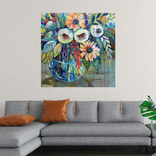   This exquisite print captures a bouquet of flowers in full bloom, each petal and leaf meticulously painted with passionate strokes. The rich blues, greens, yellows, whites, and pinks celebrate life’s simple pleasures and the eternal beauty of nature. Set against a serene backdrop, “Joy” is more than art; it’s an experience—a journey into an enchanted garden where colors bloom and spirits soar.