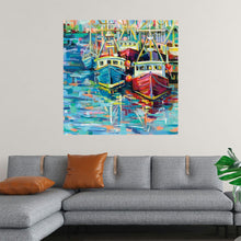  “Stonington Docks” by Jeanette Vertentes: Immerse yourself in the vibrant and captivating world of this exquisite print. A harmonious blend of vivid hues and whimsical strokes, it encapsulates the serene yet lively atmosphere of a harbor. Colorful boats rest gently on the calm waters, each one painted with bright reds, blues, yellows, and greens. Vertentes’ signature style brings this scene to life, offering viewers an escape into a picturesque seascape. 