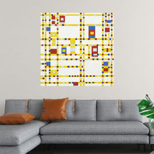  “Broadway Boogie-Woogie (1942-1943)” by Piet Mondrian is a vibrant and rhythmic masterpiece that encapsulates the spirit of New York City. Created during Mondrian’s time in the city, this abstract composition pulses with energy. The canvas, measuring 50 x 50 inches, features a grid of yellow lines interrupted by squares in red, blue, and white.