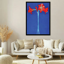  Immerse yourself in the vibrant allure of this exquisite artwork, a print that captures the ephemeral beauty of two radiant red flowers, their petals unfurling with grace and vivacity. Nestled within a slender, elegant vase, the blossoms stand against an enchanting deep blue backdrop, evoking a sense of serene majesty. 