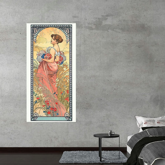 “Summer (1900)” by Alphonse Mucha is a breathtaking celebration of the season’s lush beauty and vitality. This exquisite print features an elegant figure draped in a flowing gown, standing amidst tall, golden wheat stalks. She holds a vibrant bouquet of flowers, embodying the abundance and sensuality of summer. The artwork is framed by an ornate border that complements Mucha’s signature Art Nouveau style, characterized by intricate designs and natural forms. 