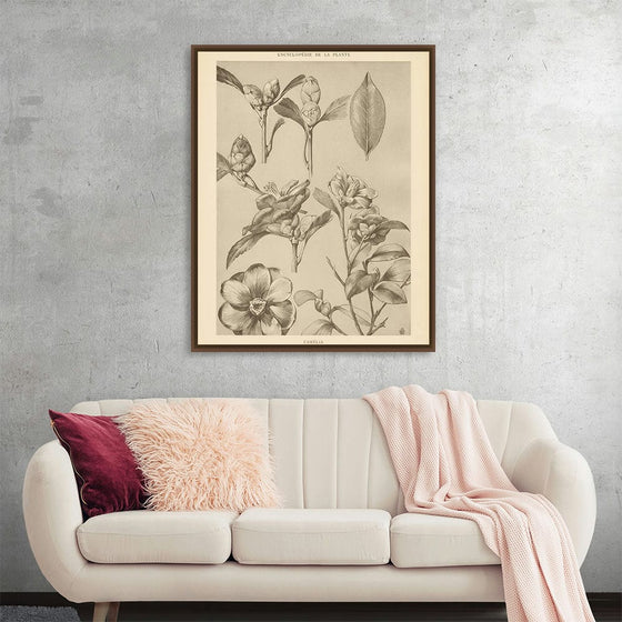 "Lithograph Florals II Crop" by Wild Apple is a captivating botanical illustration, showcasing the delicate beauty of camellia flowers in various stages of bloom. The intricate pen-and-ink drawing captures the intricate details of the petals, leaves, and buds, making it a perfect addition to any home or office. This timeless piece is a celebration of the natural world and a testament to the artistry of botanical illustration.