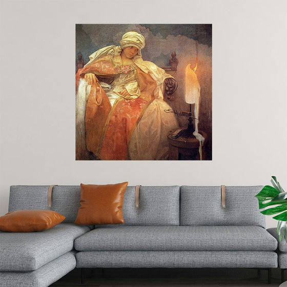 “Woman With a Burning Candle (1933)” by Alphonse Mucha invites you into an enigmatic world where elegance and mystery intertwine. This exquisite print captures the ethereal grace of a bygone era—a time when candlelight flickered, illuminating luxurious fabrics and serene surroundings. The warm, golden hues dance with the flame, casting an enchanting glow that reveals intricate details.