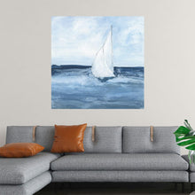  Sailboats I by Chris Paschke is a serene and captivating watercolor that captures the essence of a solitary sailboat gliding across the ocean. The soft blue hues and gentle brushstrokes evoke a sense of tranquility and peace, while the white sail stands out boldly against the calming backdrop. This minimalist yet evocative piece is perfect for adding a touch of coastal charm to any space, inviting you to dream of salty breezes and endless horizons.