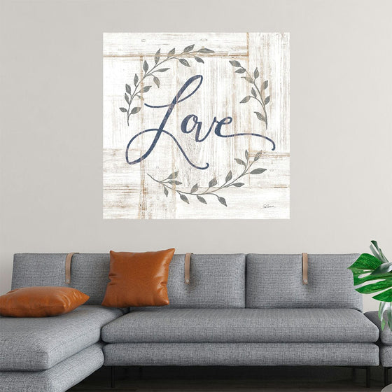 “Woodgrain Love” by Sue Schlabach is a captivating piece that effortlessly combines rustic charm with elegant artistry. The artwork features the word “Love” inscribed in a graceful, flowing script, encircled by a delicate wreath of leaves, all set against a beautifully textured woodgrain backdrop.