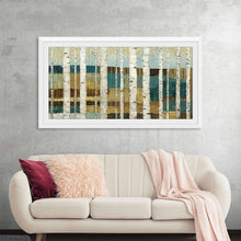  Bring the serene beauty of nature into your home with "Shimmering Valley" by Wild Apple. This stunning print features a captivating array of birch trees, their white trunks adorned with vibrant hues of teal, gold, and brown. The abstract design creates a sense of depth and movement, while the soft colors evoke a feeling of tranquility. This piece is perfect for adding a touch of nature-inspired elegance to any room.