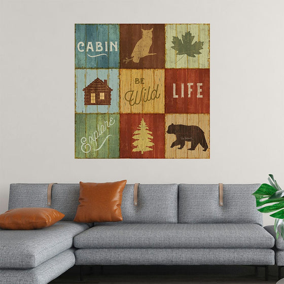 Sue Schlabach's "Lake Lodge VIII" is a vibrant and inviting piece that captures the essence of rustic charm. The colorful patchwork design features iconic symbols of nature and the outdoors, including a cabin, an owl, a maple leaf, a pine tree, and a bear. The inspirational message, "Cabin, Be Wild, Life, Explore," encourages viewers to embrace adventure and connect with the natural world. This cheerful print is perfect for adding a touch of rustic flair to any home or cabin.