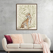  Step into the wild with this exquisite print, where the majesty of a tiger is captured amidst a lush backdrop of intricate foliage. Every stroke and hue is meticulously crafted to bring the enigmatic creature to life, offering a glimpse into its untamed world. This artwork, rich in detail and character, promises not just a visual treat but an experience that transcends the ordinary.