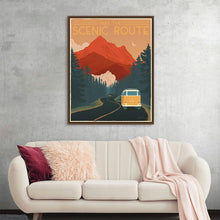  “Born to Roam III” by Janelle Penner invites you on an epic journey through its captivating canvas. This high-quality print captures the essence of wanderlust, portraying a picturesque landscape where an iconic yellow van navigates winding roads amidst majestic mountains. 