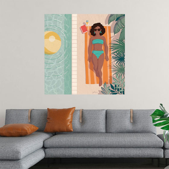 “Beach Babes III” by Janelle Penner invites you to bask in the sun-drenched nostalgia of carefree summer days. This exquisite print captures a moment of leisure by the pool—a figure gracefully lounging on a yellow inflatable ring, surrounded by sun hats and tropical foliage. The soft pastel hues blend harmoniously with bold shapes, evoking a sense of elegance and sun-kissed bliss. 