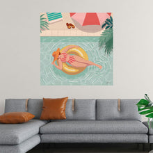  “Beach Babes II” by Janelle Penner invites you to bask in the sun-drenched nostalgia of carefree summer days. This exquisite print captures a moment of leisure by the pool—a figure gracefully lounging on a yellow inflatable ring, surrounded by sun hats and tropical foliage. The soft pastel hues blend harmoniously with bold shapes, evoking a sense of elegance and sun-kissed bliss. 