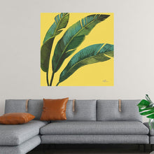  Immerse yourself in the lush tranquility of nature with this exquisite art print. The image captures a cluster of vibrant green leaves, each detailed with delicate veins and subtle variations in shade that suggest depth and movement. Set against a warm yellow background that evokes the sunny tropics, the leaves are arranged in a dynamic composition that draws the eye across the canvas. 