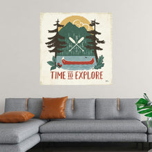  This artwork, titled “Vintage Lake VI No Lines” by Janelle Penner, is a captivating print that beckons the viewer to embrace the spirit of adventure. The central motif is a stylized mountain peak, flanked by dense evergreen trees, symbolizing the serenity of the wilderness. 