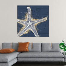  This exquisite print invites you to explore the depths of the ocean, bringing to life the intricate details of a starfish. The creature’s texture and patterns are beautifully captured, set against a dark blue background that adds depth to the artwork. Surrounding the starfish is a golden splatter, creating an effect that resembles sand or underwater particles illuminated by light. 