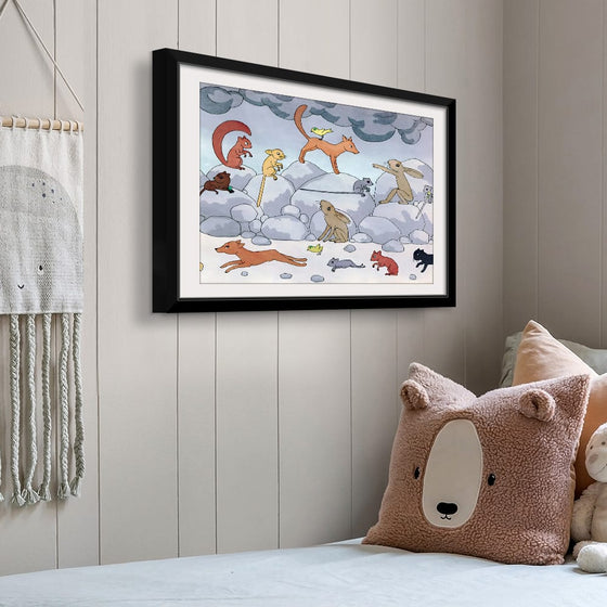 “Why the Hare Has No Tail: A Zulu Fairy Tale” comes alive in this captivating print by the celebrated artist Tom Seidmann-Freud. The intricate details and vibrant colors transport viewers into the heart of Zulu folklore, where animals, clouds, and crescent moons intertwine with cultural richness.