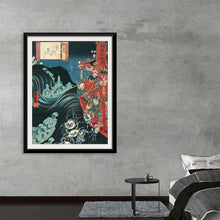  “Yoshitsune Aangevallen Door Taira Geesten” by Kuniyoshi Utagawa is a mesmerizing fusion of Japanese folklore and Western artistic sensibilities. This vibrant ukiyo-e woodblock print transports viewers to a tumultuous realm where history and myth intertwine. 