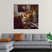  Johannes Vermeer’s “The Concert” (1664) is a captivating masterpiece that transports viewers to a serene moment of musical harmony. This artwork features three figures: a woman playing the harpsichord, a man with his back to the viewer playing the lute, and another woman singing. The room is bathed in soft, natural light, highlighting the intricate details such as the luxurious Persian rug and the checkerboard floor. The paintings on the wall add depth and context, suggesting a refined, cultured environment