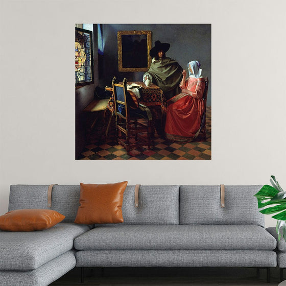 Elevate your space with the timeless elegance of Johannes Vermeer’s “The Glass of Wine” (c. 1658-1660). This exquisite print captures a serene moment of courtship, featuring a seated woman and a standing man in a richly detailed interior. Vermeer’s masterful use of light and shadow, combined with his meticulous attention to detail, brings a sense of intimacy and refinement to the scene. 