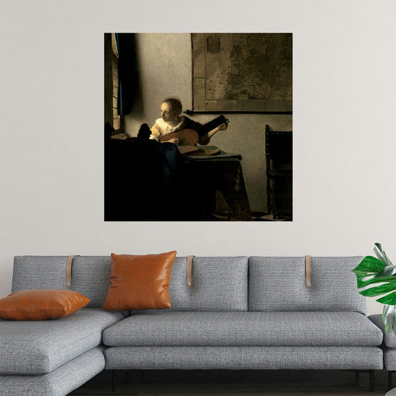 “Woman With A Lute (c. 1662-1664)” by Johannes Vermeer invites you into a world of timeless elegance and musical enchantment. This exquisite print captures a moment frozen in art, where light and shadow dance harmoniously around a woman engrossed in the gentle strums of her lute.