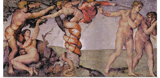 "Deckenfresko zur Schöpfungsgeschichte in der Sixtinischen Kapelle, Hauptszene: Ursünde und Vertreibung aus dem Paradies(1508-1512)", Michelangelo Buonarroti