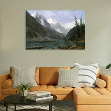  Canadian Rockies (Lake Louise), a stunning oil painting by renowned American artist Albert Bierstadt, captures the majestic beauty of the Canadian wilderness.This breathtaking landscape showcases the towering peaks, crystal-clear lake, and lush greenery of the iconic Lake Louise region. Bierstadt's masterful brushstrokes and attention to detail bring this awe-inspiring scene to life.