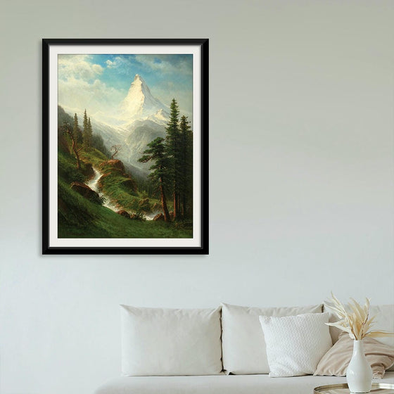 Capture the majestic beauty of the Alps with Albert Bierstadt’s “The Matterhorn.” This stunning piece showcases the iconic peak bathed in the gentle glow of dawn, its sharp silhouette piercing the sky. Bierstadt’s masterful use of light and shadow highlights the interplay between the rising sun’s rays and the lingering night’s mist, creating a breathtaking scene of natural grandeur. 