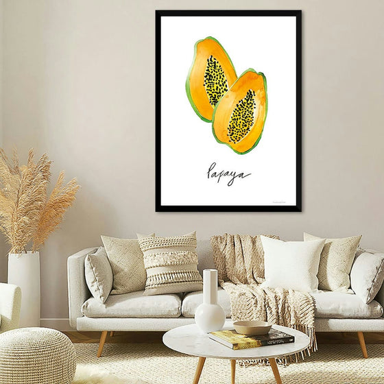 "Papayas" by Mercedes Lopez Charro is a vibrant watercolor painting that celebrates the tropical fruit in all its glory. Two halves of a ripe papaya, bursting with juicy orange flesh and speckled seeds, are depicted against a clean white background. The artist's delicate brushstrokes capture the texture and sweetness of the fruit, making it a visually appealing and mouthwatering piece. This limited edition print is perfect for adding a touch of exotic flair to any kitchen or dining room.