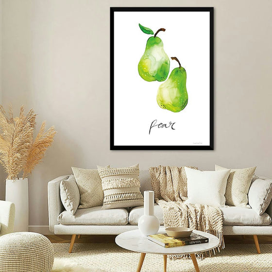 "Pears" by Mercedes Lopez Charro is a delicate watercolor painting that captures the essence of simplicity and beauty. Two luscious green pears, painted with soft washes of color, are arranged gracefully against a white background. The word "fear" is elegantly inscribed beneath the pears, adding a layer of intrigue and inviting contemplation. This minimalist artwork is a perfect addition to any contemporary space, offering a touch of nature and a thought-provoking message.