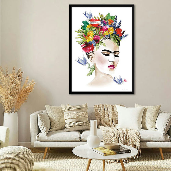 Bring the vibrant spirit of Frida Kahlo into your home with "She is Frida" by Mercedes Lopez Charro. This captivating watercolor print reimagines the iconic artist with a modern twist, adorning her head with a colorful floral crown and featuring playful swallows fluttering around her. The artwork's bold colors and expressive lines capture Kahlo's unique personality and artistic vision. This piece is perfect for adding a touch of inspiration and individuality to any space.