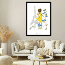  "Paris Girlfriend I" by Mercedes Lopez Charro is a vibrant watercolor illustration that captures the spirit of Parisian style and friendship. Two stylish women, one with curly hair and one blonde, stroll through the city with their adorable dogs, the iconic Eiffel Tower looming in the background. Their chic outfits and the playful energy of their pets create a sense of joy and camaraderie. 