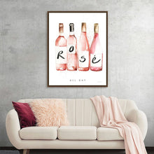  Pop the Cork III by Mercedes Lopez Charro is a vibrant and celebratory piece that sings the praises of rosé wine. The watercolor painting depicts four rosé wine bottles lined up in a row, with the word "ROSÉ" playfully spelled out across them. The phrase "ALL DAY" is added below, emphasizing the appeal of this refreshing and versatile wine. This artwork is a perfect addition to any wine lover's home, bringing a touch of summery cheer and sophistication to any space.