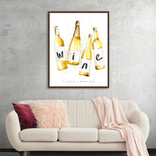  Pop the Cork IV by Mercedes Lopez Charro is a playful and inviting piece that celebrates the simple pleasures of wine. The watercolor painting depicts four wine bottles arranged in a whimsical composition, with the word "WINE" playfully spelled out using the bottles themselves. The phrase "Is Always a Good Idea" is added below, capturing the universal appeal of wine. This artwork is a perfect addition to any wine lover's home, bringing a touch of humor and joy to any space.