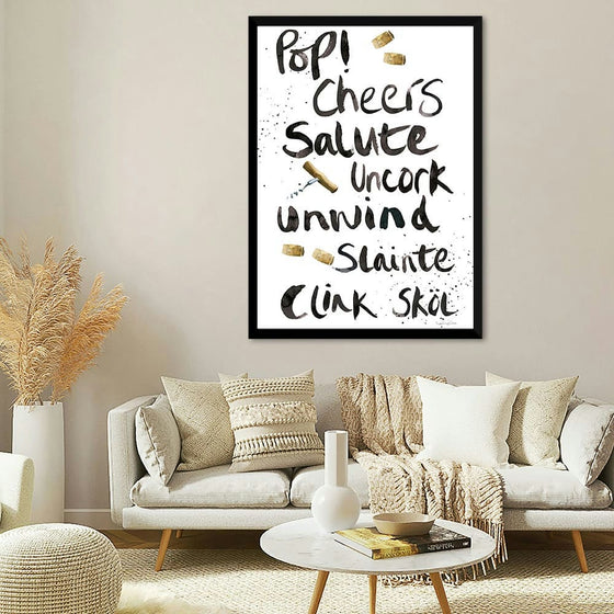 Pop the Cork X by Mercedes Lopez Charro is a vibrant and celebratory piece that captures the joy of uncorking a bottle of wine. The playful typography and whimsical illustrations create a festive atmosphere, inviting the viewer to join in the festivities. The words "Pop!", "Cheers," "Salute," "Uncork," "Unwind," "Slainte," "Clink," and "Skol" are arranged in a dynamic composition, celebrating the universal language of wine and camaraderie. This artwork is a perfect addition to any wine lover's home, adding 