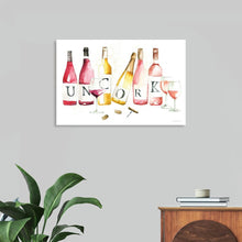  Pop the Cork XI by Mercedes Lopez Charro is a vibrant and celebratory piece that captures the allure of wine. The watercolor painting showcases a collection of beautifully rendered wine bottles, glasses, and corkscrews, arranged in a playful and inviting composition. The word "UNCORK" is prominently displayed, inviting the viewer to join in the festivities. This artwork is a perfect addition to any wine lover's home, adding a touch of sophistication and elegance to any space.