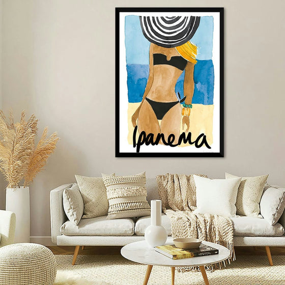 Ipanema Girl by Mercedes Lopez Charro is a vibrant and evocative depiction of the iconic Brazilian beach. This captivating print captures the essence of summer with its bold colors and playful composition. A striking silhouette of a woman in a black bikini and a wide-brimmed hat stands against a backdrop of shimmering blue waves. The artwork's playful use of watercolor adds a touch of whimsy, making it a perfect addition to any beach-inspired decor.