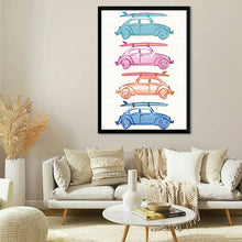  Laguna Cars by Mercedes Lopez Charro is a whimsical watercolor that captures the spirit of summer road trips. The colorful Volkswagen Beetles, each adorned with a surfboard, evoke a sense of freedom, adventure, and nostalgia. This playful artwork is the perfect addition to any home or office looking to add a touch of fun and energy.