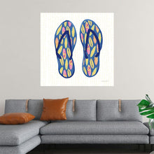  Laguna Flipflops III by Mercedes Lopez Charro is a playful watercolor that captures the spirit of summer. The blue flip-flops adorned with whimsical surfboard patterns evoke the excitement and adventure of a beach vacation. This vibrant artwork is the perfect addition to any home or office looking to add a touch of coastal fun and energy.