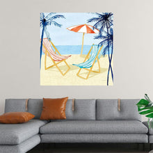  Laguna Lounging I by Mercedes Lopez Charro invites you to escape to a sun-drenched beach paradise. This vibrant watercolor depicts a serene coastal scene with two striped lounge chairs, a colorful umbrella, and swaying palm trees. The artist's playful use of color and texture creates a sense of relaxation and carefree enjoyment, making this artwork the perfect addition to any space seeking a touch of summer and coastal charm.